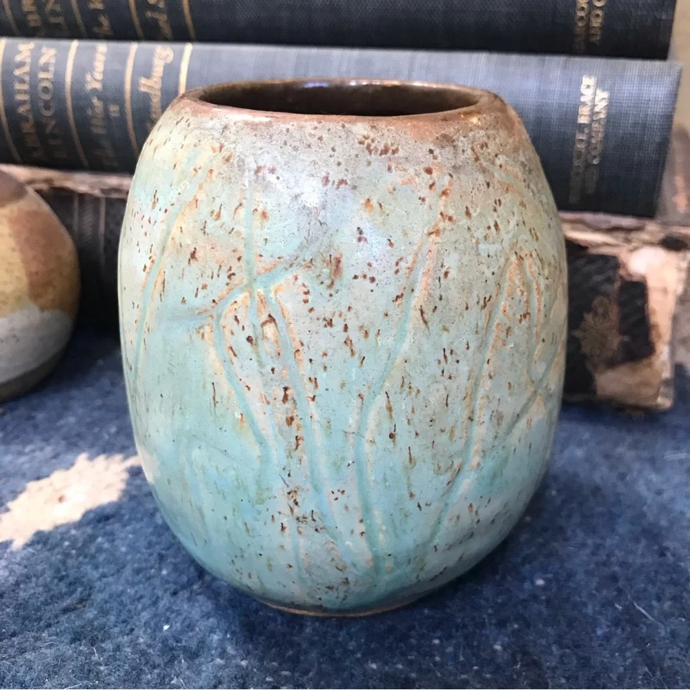 Vintage 60s Aqua Green Brown Sgraffito Stoneware Vase Pottery